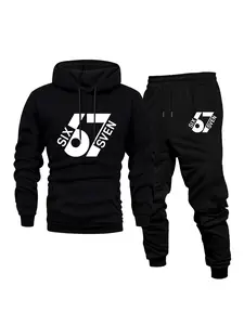 Men's autumn and winter casual suit: hooded fleece-lined sweater and sweatpants, 67 sixseven, fashionable printed, holiday gift, comfortable fleece-lined two-piece set (sweater and trousers)