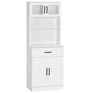 HOMCOM Freestanding Kitchen Pantry, 4-Door Buffet Cabinet with Hutch, Coffee Bar with Adjustable Shelves, 63.5 Inches, White