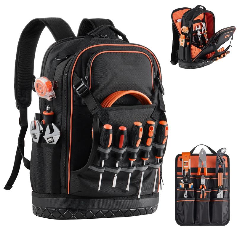 Heavy-Duty Tool Backpack with 65 Pockets: Storage Organizer Work Bag Featuring Laptop Compartment, Molded Base - Ideal for Electricians, Repairmen & HVAC Technicians