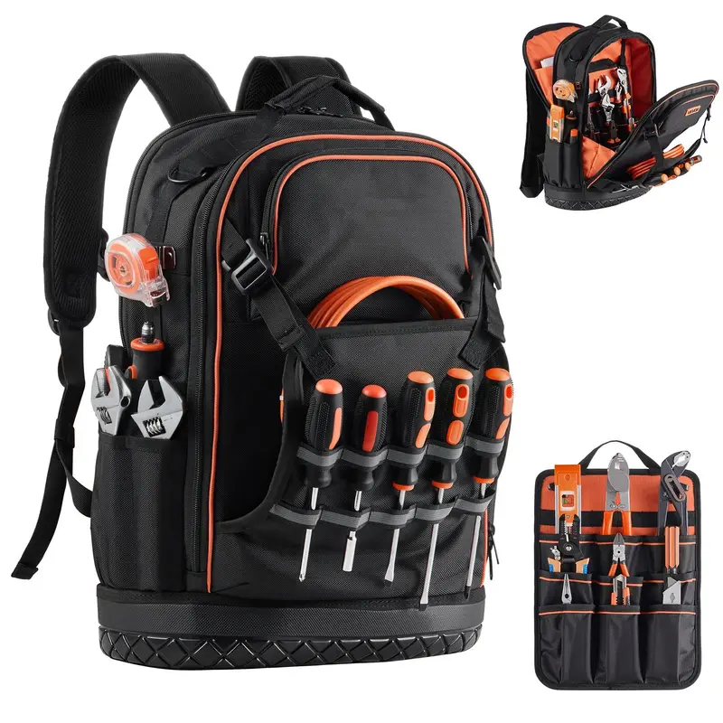Heavy-Duty Tool Backpack with 65 Pockets: Storage Organizer Work Bag Featuring Laptop Compartment, Molded Base - Ideal for Electricians, Repairmen & HVAC Technicians