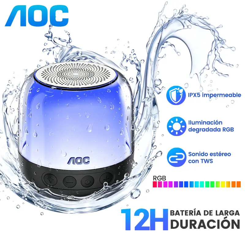 AOC Portable Bluetooth Speaker with 7 RGB Light Modes 12H Battery TWS Stereo Wireless Subwoofer for Desk Setup Gaming & Camping
