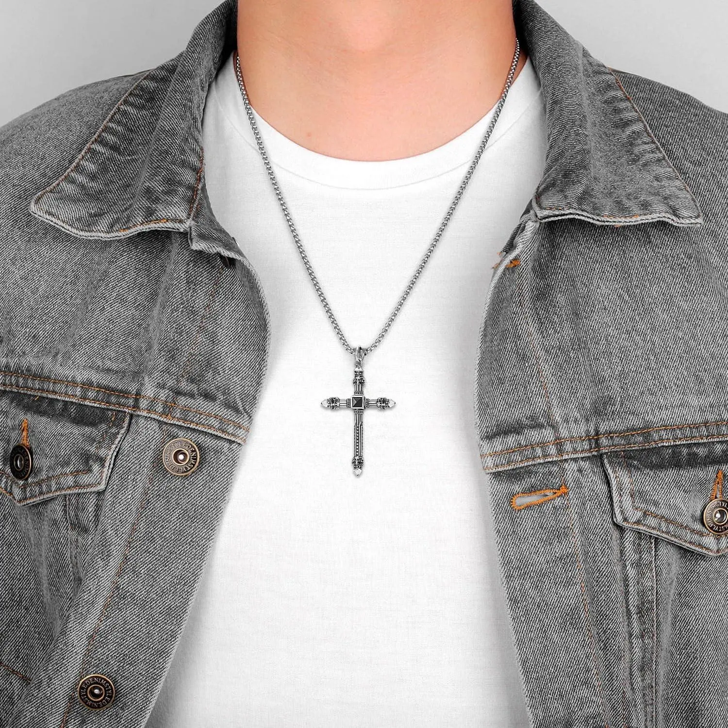 LeCalla Men's 925 Sterling Silver Cross Shape Pendant Necklace - Hypoallergenic Vintage Gothic Punk Style, Black Onyx Stone, 20in Chain Male Jewelry Accessory