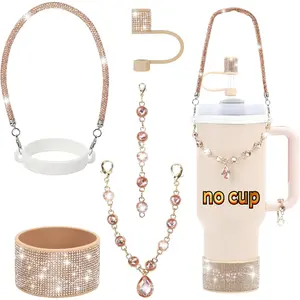 5pcs Rhinestone Cup Accessories Set, Bling Straw Cover 0.4in, Bottle Handle Strap, Glitter Charms, Bling Silicone Boot 30oz/40oz