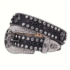 Y2k men's skull rhinestone decorated belt, 2024 popular party wide belt, designer belt, rustic rivet full diamond daily accessories for men and women, men's accessories Gothic autumn clothes, fresh autumn clothing Luxury Fashion goth  belt
