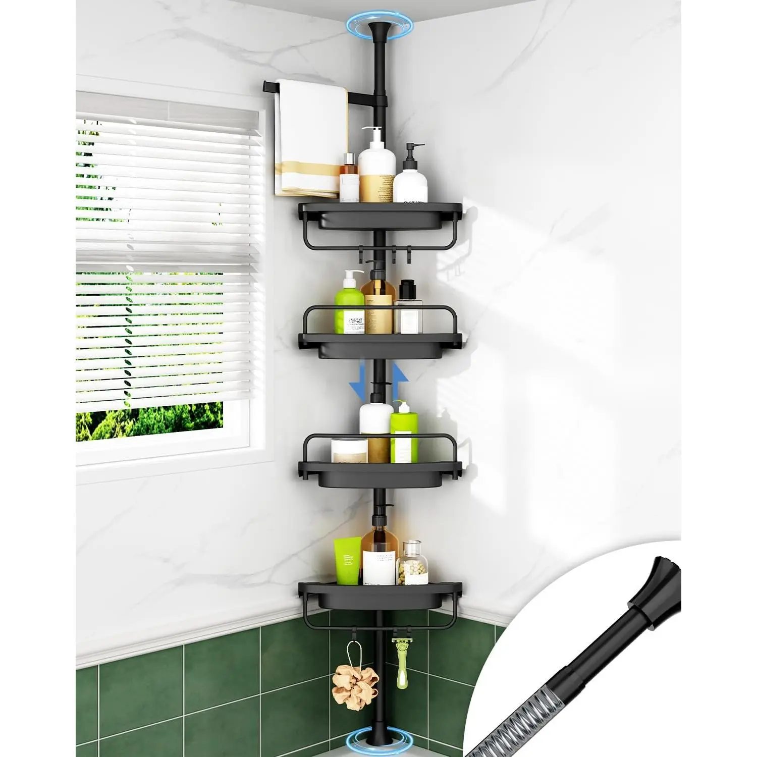 Rustproof Shower  Corner for Bathroom,Bathtub Storage Organizer for Shampoo Accessories,4-Tier Adjustable Shelves with Tension Pole, 39 to 113 Inch, Black