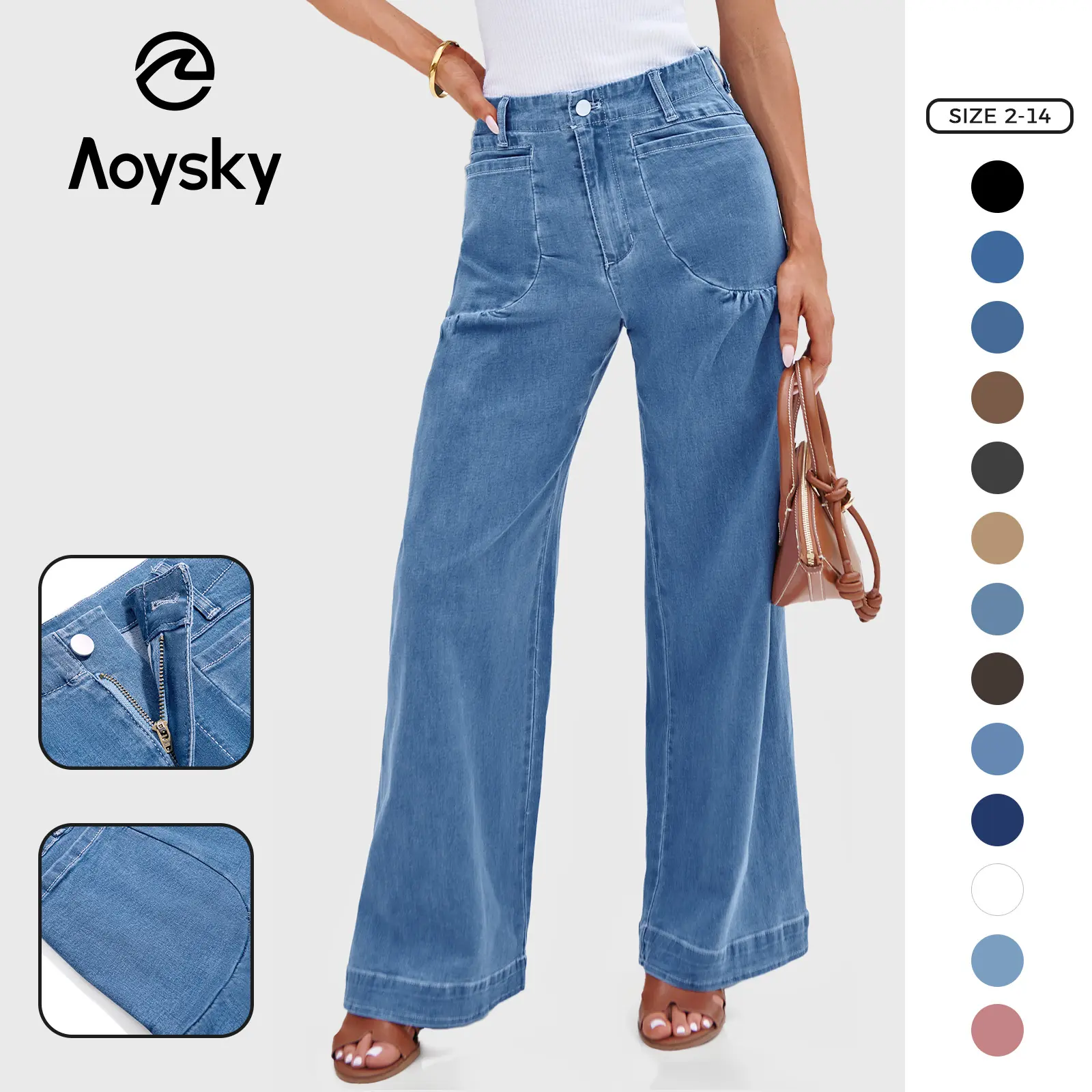 Aoysky Women's Fitted High-Waist Wide-Leg Jeans - Stretchy Cotton Denim Basic Trouser Bottom Clothes, Casual Pants with Patch Pockets, Minimalist, Streetwear