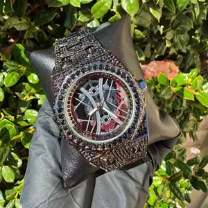 Stainless Steel Skeleton Luxury Dial Full Iced Men’s Watch with Simulated Diamond, Elegant Design, and Stylish Strap