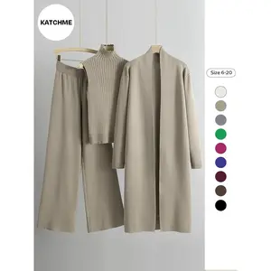 Trendy Knit Turtle Neck Tank & Wide Leg Trousers With Open-Front Long Cardigan Three-Piece Sets