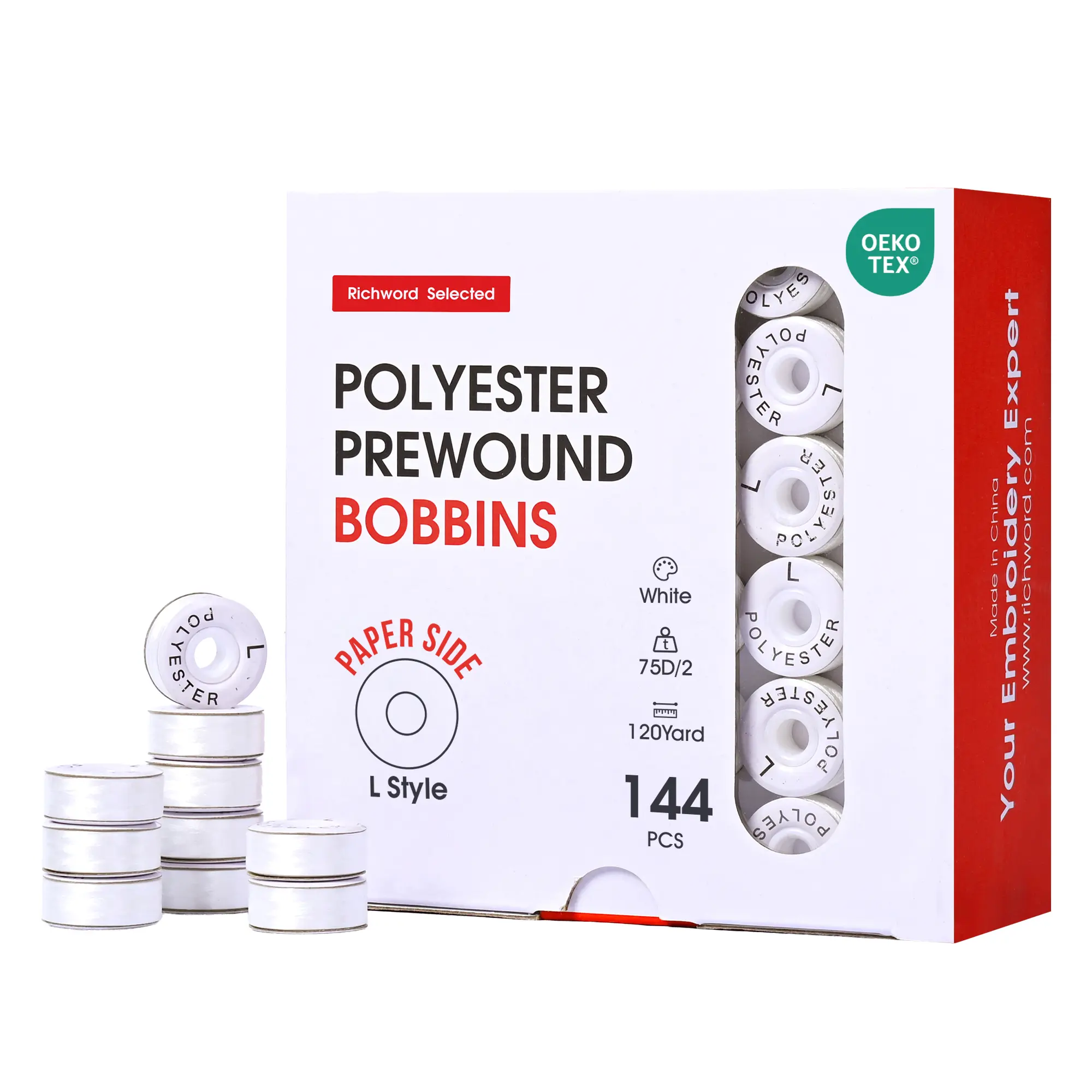 PooLin Richword Style L Prewound Paper Side Embroidery Bobbins for Commercial Embroidery Machines