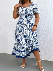 Plus Size Women's Elegant Flowy Dress, Square Neck Waist Cinching Design, Blue Floral Print Romantic Style, Short Sleeve Casual Wear, Womenswear Flower