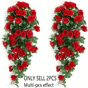 Two Artificial Red Rose Vine Wreaths, Perfect for Spring Floral Arrangements for Hotels And Offices, As Well As for Decorating Rooms, Parties, Weddings, And Birthday Celebrations. They Can Also Be Used for New Year Decorations, Artificial Flower