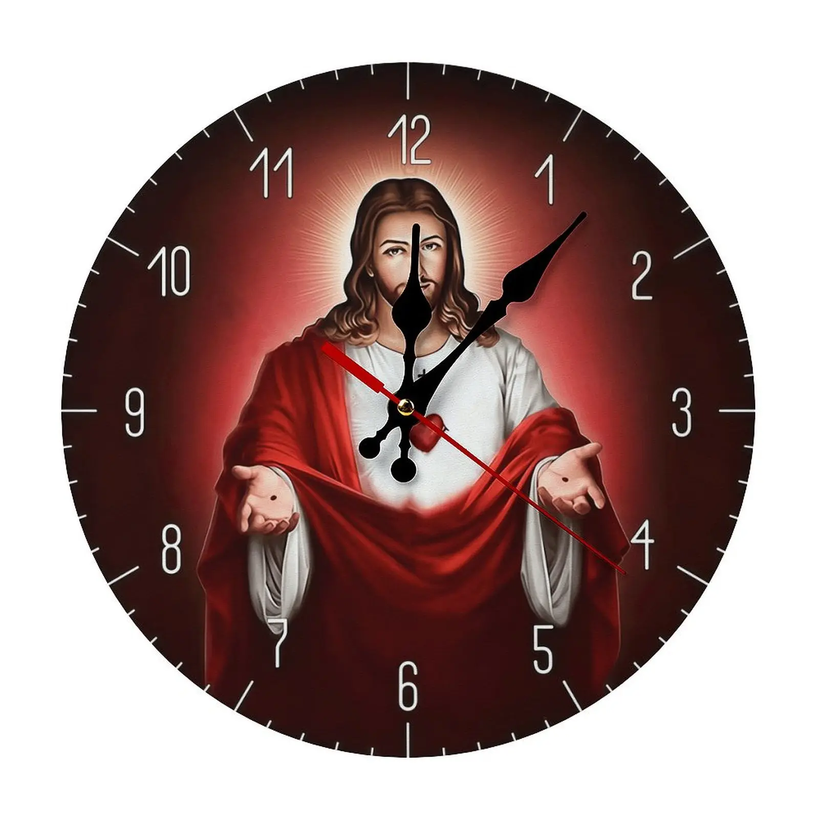 Sacred Heart of Jesus Wooden Analog Wall Clock - 10/12in Silent Wall-Mounted Modern Creative Decorative Clock, Catholic Religious Room Decor for Home, Chapels, Confirmation Gift