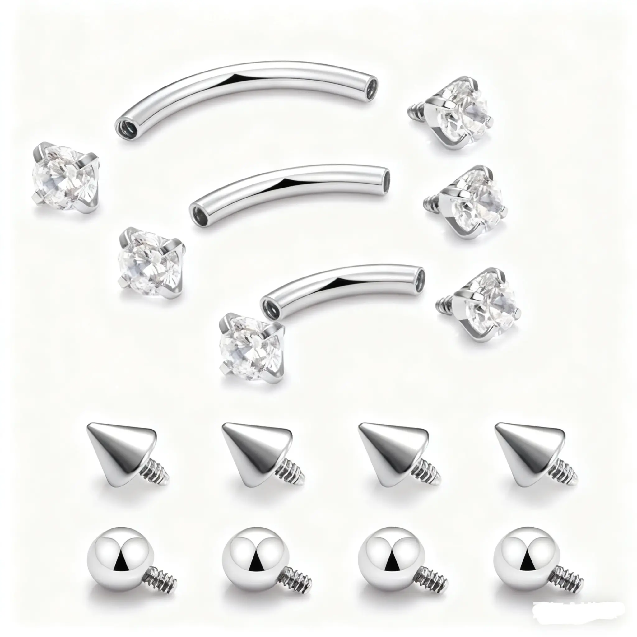Hypoallergenic Surgical Steel Curved Barbell - 16G Unisex Body-Safe Non-Tarnish Internal Thread Jewelry, Ball/Spike Ends, 6mm/8mm/10mm Sizes for Eyebrow, Vertical Labret Piercings