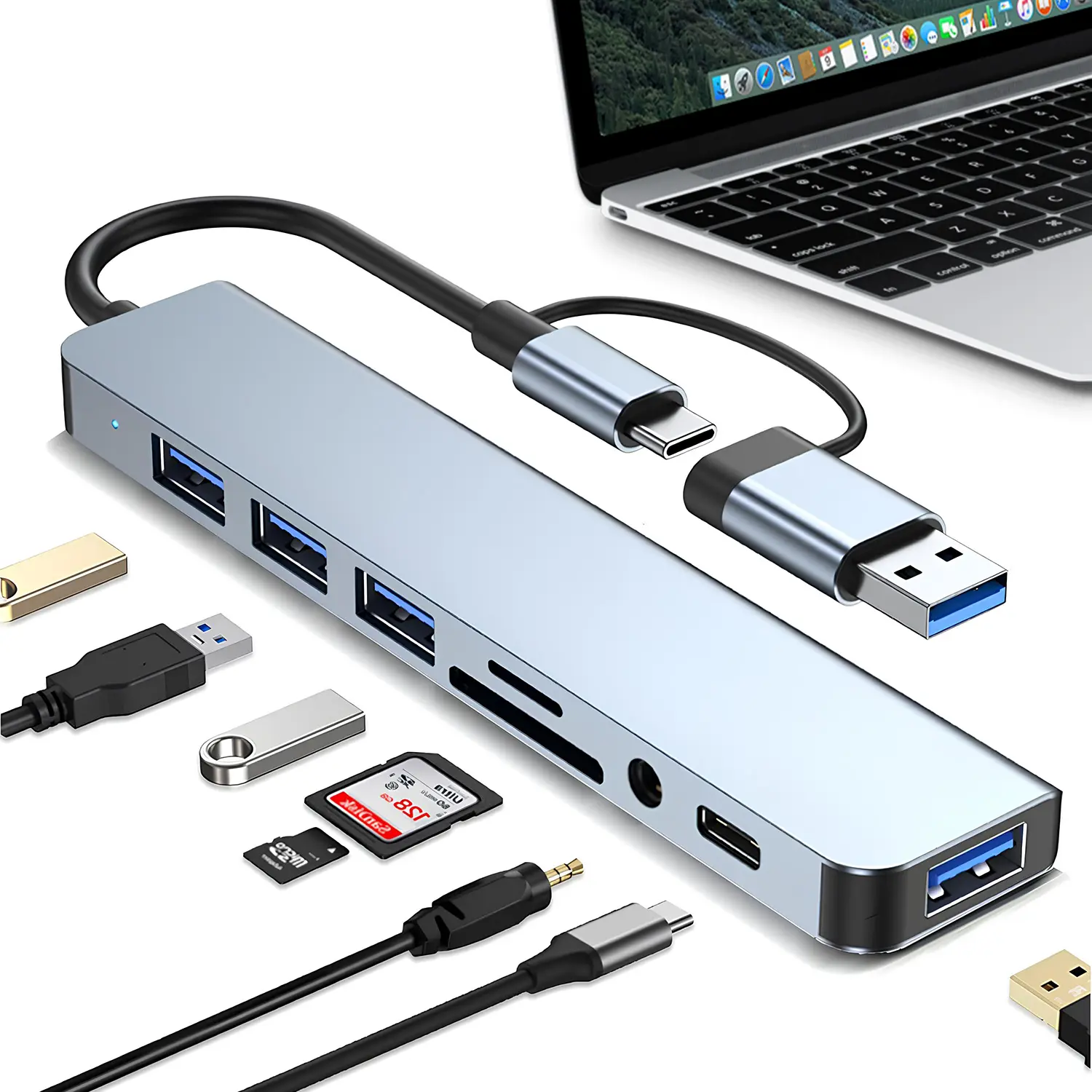 USB C Hub USB Hub 3.0, Aluminum 8 in 1 USB Extender with SD/TF Card Reader, 3.5mm Aux Headphone Jack for MacBook Pro Air and More PC/Laptop/Tablet Devices