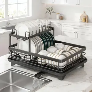 2-Tier Dish Drying Rack with Auto Drainage, Rust-Proof Kitchen Countertop Dish Rack for Plates, Bowls and Utensils, Black