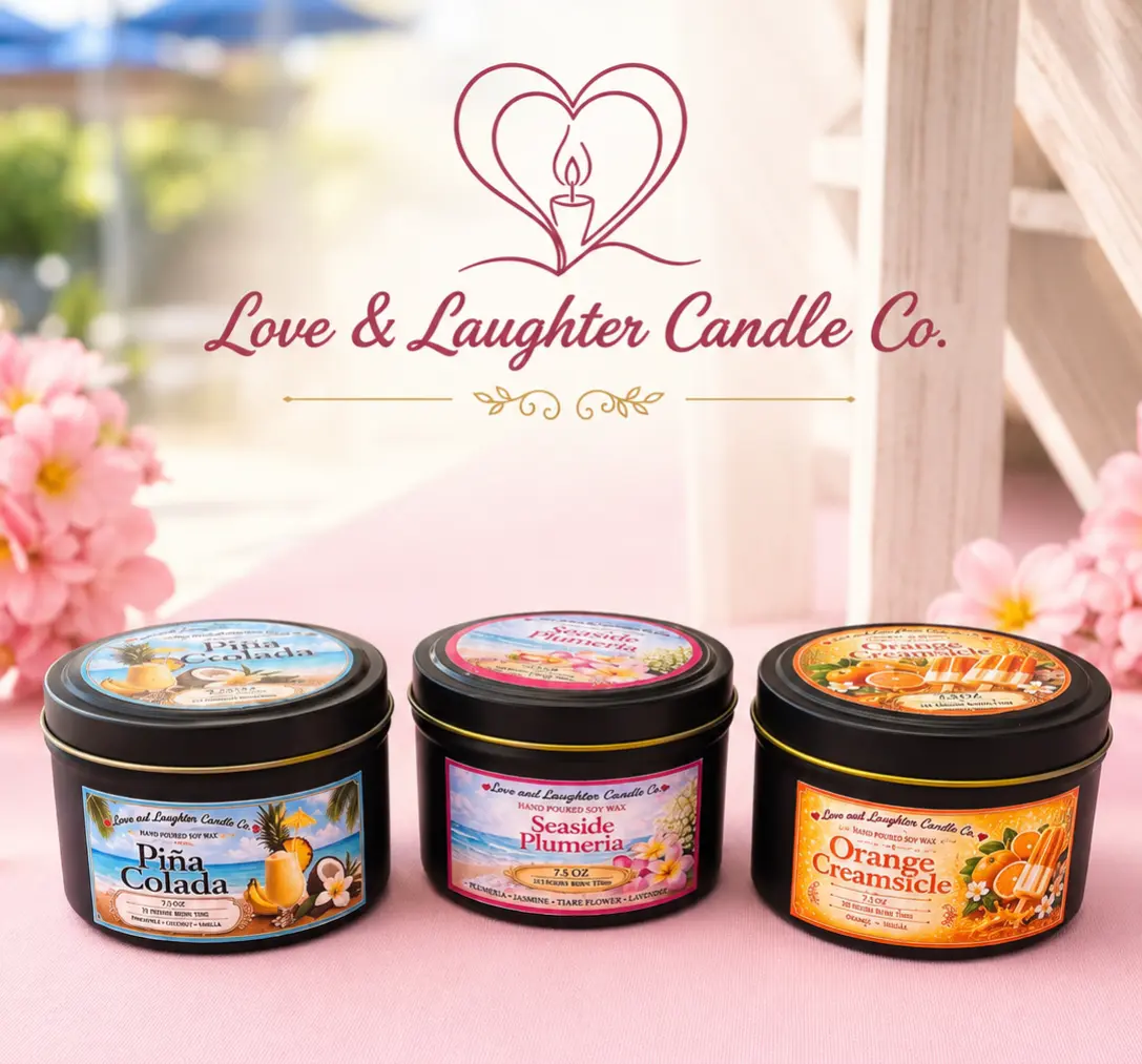 Love and Laughter 7.5oz Scented Soy Wax Tin Candles! Over 40+ Scents Decoration Gift