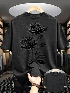 Men's Summer Short Sleeve T-Shirt, Vintage Washed Distressed Style, Rose Print, Loose Fit, Casual Streetwear, Perfect for Daily Wear