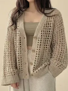 Women's Solid Color Button V-Neck Knit Cardigan Long Sleeve Hollow Out Sweater, Casual Fashion Pullover for Fall & Winter