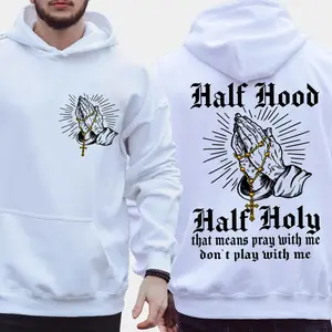 Women's Christian Half-Hood Graphic Print Hoodie - Smooth Spandex Fabric, Stretch Cotton Streetwear, Seamless Body, Front Pocket, Matching Style