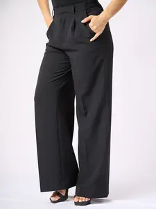 ZIDA Women's Minimalist "Old Money" Style Pleated Pants | High Waisted Wide Leg Suit Trousers with Side Pockets | Sky Blue & Black Aesthetic | 100% Polyester Soft & Drapey Fabric