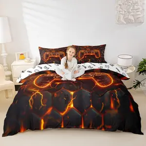 Gaming Gamepad Kids Duvet Cover Set,Modern Video Games Controller Bedding Set,Boys Men Room Decor,Neon Geomotric Honeycomb Hexagon Comforter Cover,Black Orange Quilt Cover