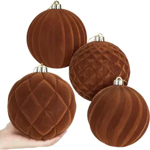 4 count 6 Inch Large  Christmas Ornaments Ball Flocked  Christmas Balls Ornament  Decoration for Xmas Tree  Decor Party Holiday(Brown)