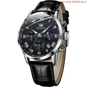 Brand OLEVS Mens Watches Leather Chronograph Luxury Fashion Dress Analog Quartz Wrist Watch Luminous Waterproof Moon Phase Date