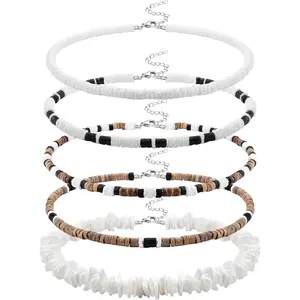 5 Pieces Men's Surf Necklace Set, Made with Puka Shells, Sea Shells, and Beach-Themed Necklaces