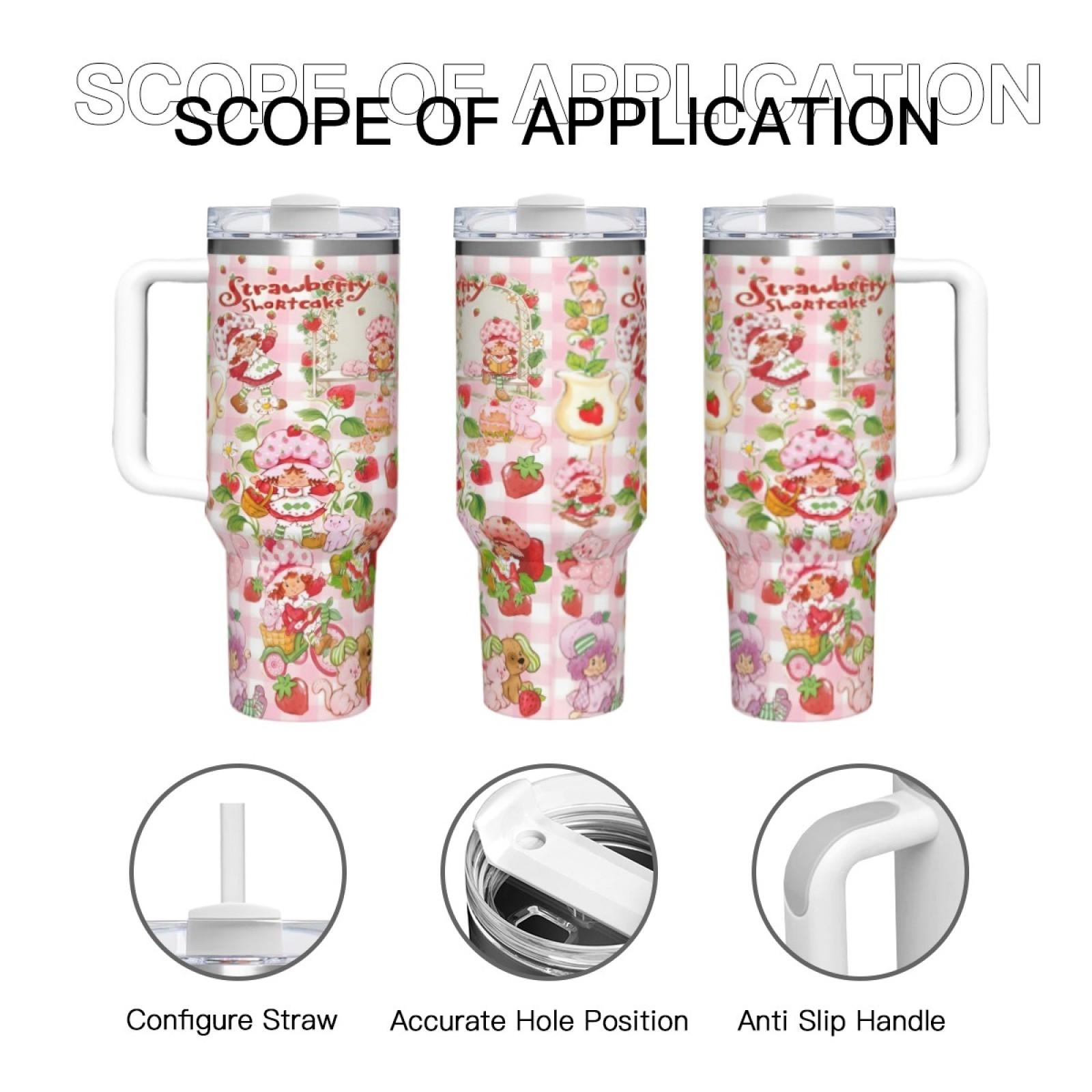 Strawberry Shortcake 1pc 40oz Insulated Tumbler with Handle and Lid Quencher Tumbler Stainless Steel Travel Mug Pastel Large Capacity Vacuum Cup Coffee TeaLeakproof Reusable Eco Friendly TikTok Viral Pink Cup
