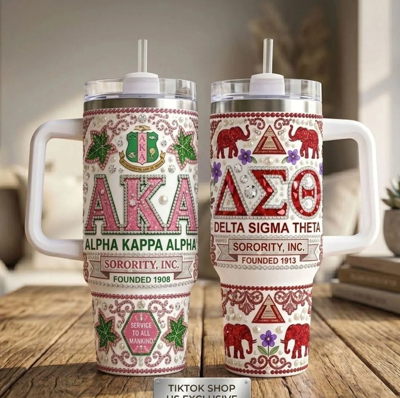 Sorority 40oz Tumbler with Handle | AKA Alpha Kappa Alpha & DST Delta Sigma Theta Bling Rhinestone Insulated Travel Mug | Greek Life Sisterhood Gift