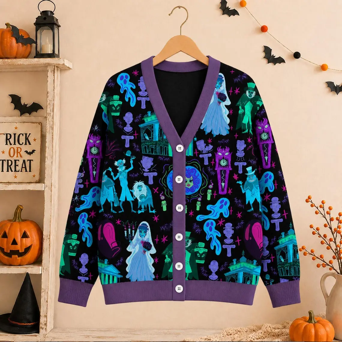 Haunted Mansion Cardigan, Foolish Mortals Spooky Wool Sweater, Hitchhiking Ghosts Knitwear, Madame Leota Autumn Aesthetic, Halloween Apparel