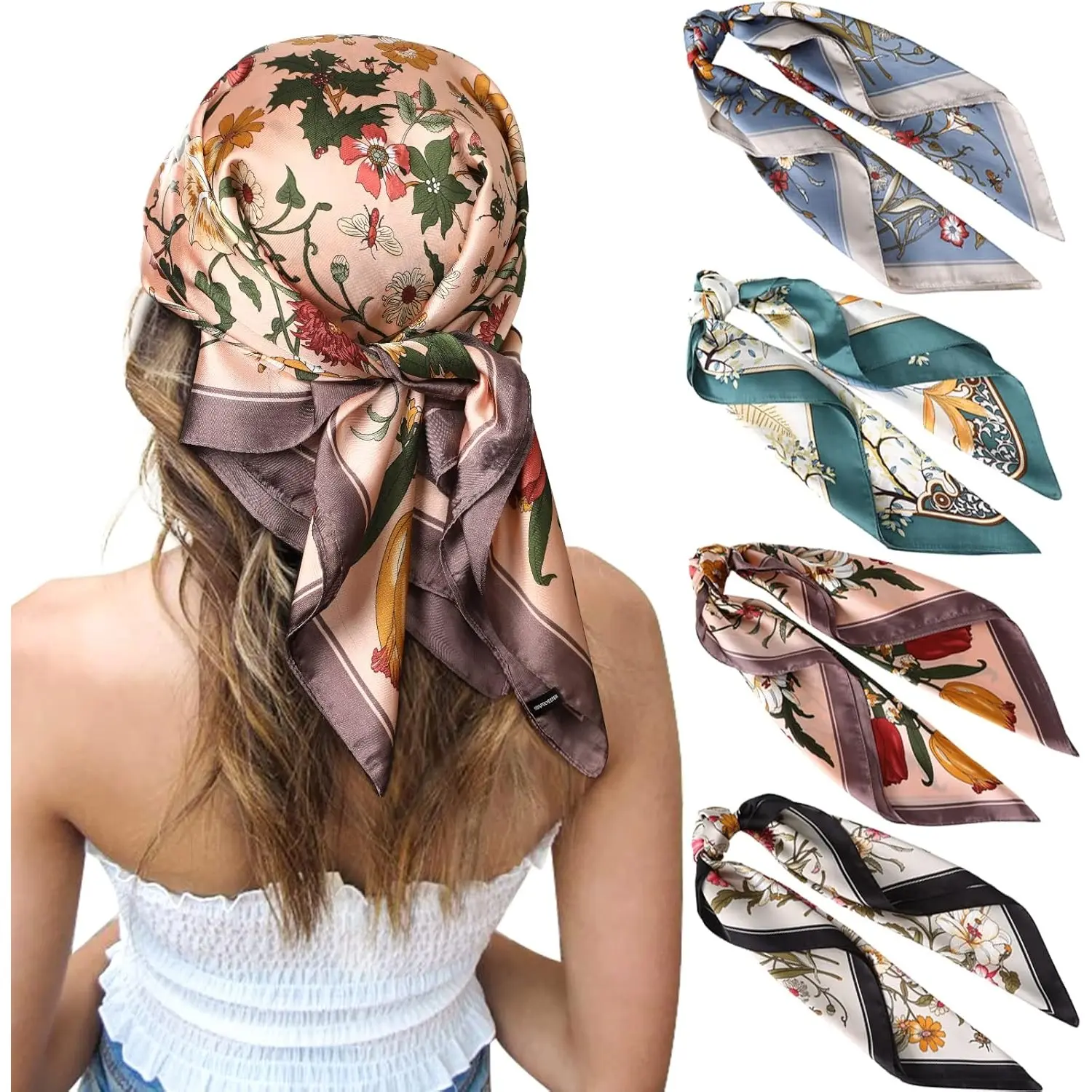 Women's Smooth Chic 4-Pack 27" x 27" Silk Satin Square Sport Head Scarves - Multi-Use All-Year-Round Motorcycle Protective Gear Bandanas Hair Accessories, 4‑Pack Color Mix