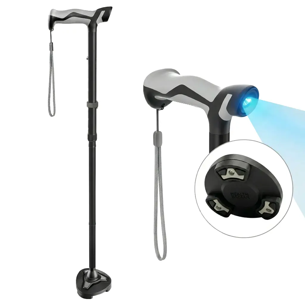 LED Walking Cane - Foldable Adjustable Tripod Cane, Self-Standing with Shock Absorption, Up to 350lbs