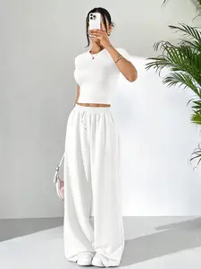 White Cropped Tee & Wide Leg Sweatpants Set - 2026 Trending Streetwear, Soft Stretchy Fabric Perfect for Daily Outings, All-White Slimming & Tall Design That Stands Out, Versatile Relaxed Fit