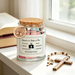 1 Set Spanish Emotional Bible Verse Jar with Color Coded Scripture Cards, Inspirational God’s Word Notes in Spanish for Different Moods, Christian Religious Gift, Elephant Couple Print & Tree of Life Charm, Cork Lid Glass Prayer Jar