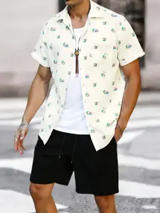 2-piece set: White short-sleeve shirt with coconut tree island print + casual shorts set, full of vacation atmosphere, suitable for daily outings, casual vacation and beach outfits