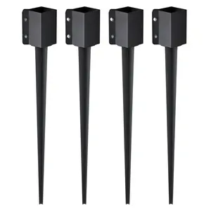 Fence Post Anchor Ground Spike Set, Four Pack, 36 X 4 X 4 Inches Outer Diameter, Inner Diameter 3.5 X 3.5 Inches, Black Powder Coated Metal Post Stake For Mailbox, Deck, Garden, And Railing