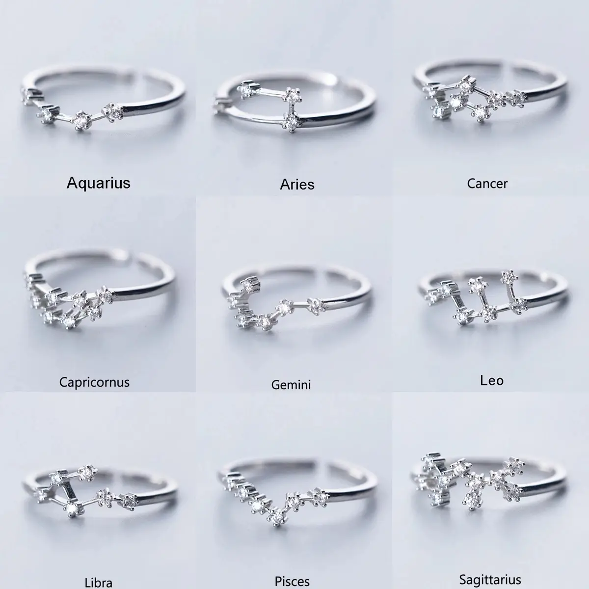 FASHION - Minimalist Inlaid Cubic Zircon 12 Constellation Rings For Women Zodiac Sign Adjustable Finger Ring Simple Silver Color Jewelry