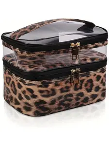Leopard print leather cosmetic bag with top handle, large capacity retro chic Vintage Cosmetic Bag makeup storage bag, waterproof travel toiletry bag for women