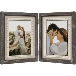 5x7 Double Sided Picture Frames Rustic Wood Farmhouse Solid Wooden Family Photo Frame Lace Bow Glass Boho Wall Decor Hanging Tabletop Kids Mom Mother Wedding Gift