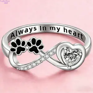 2026 Pet Memorial Paw Print Ring, Cubic Zirconia Infinity Love Heart Ring, "Always In My Heart" Engraved Pet Keepsake Jewelry, Stylish Gift for Dog & Cat Lovers