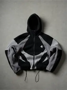 Oversized Fuzzy Fleece Cropped Zip Up Black Hooded Jacket, Vintage Tech Streetwear 2000s Fashion Trend, Best Thermal Winter Coat for Men Layering Clothes Winter Outfit Ideas