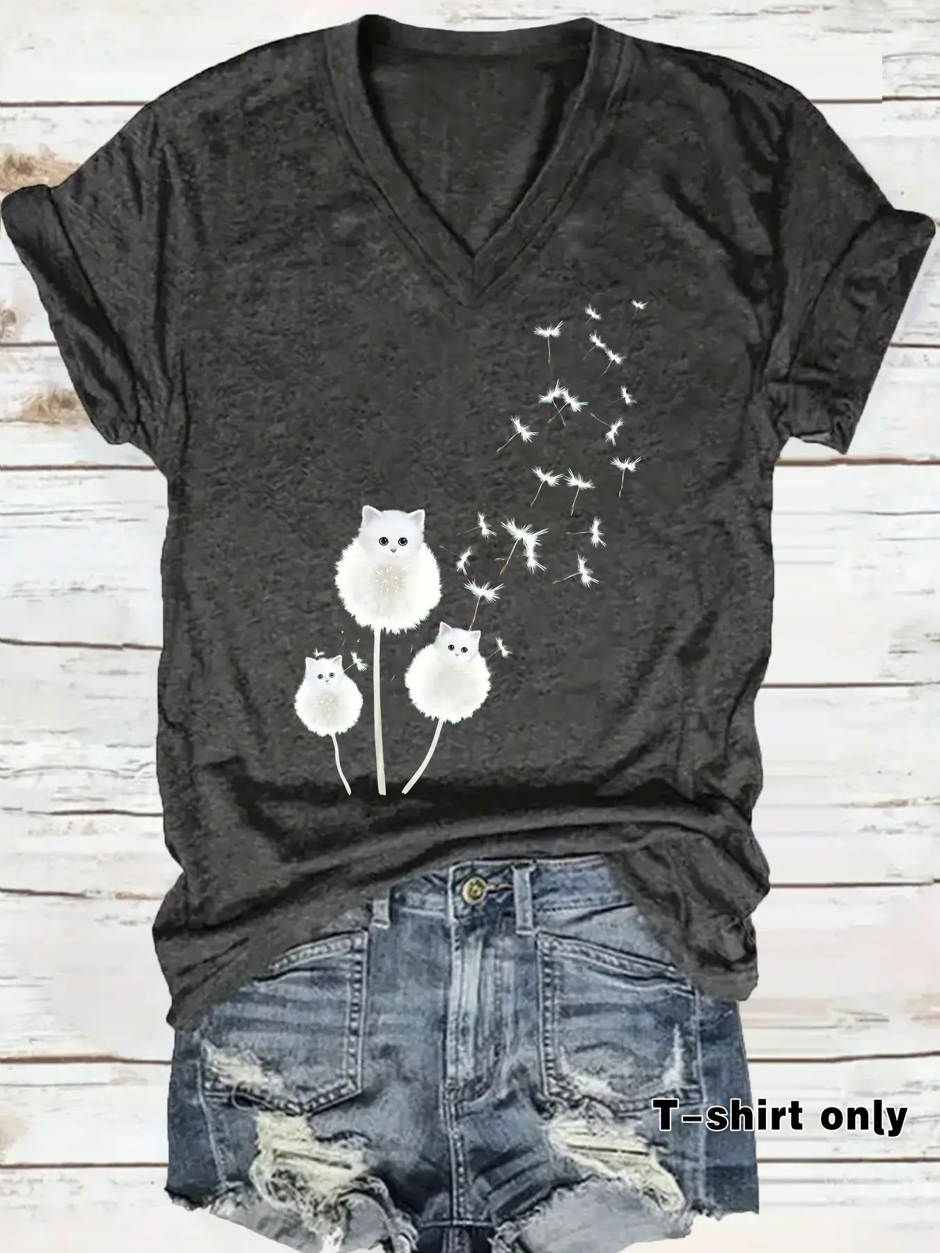 Dandelion Bird Print V-Neck T-Shirt, Casual Vacation Women's Short Sleeve Top, Loose Fit, Soft Fabric, Daily Comfort, Elegant Design, Aesthetics, Womenswear