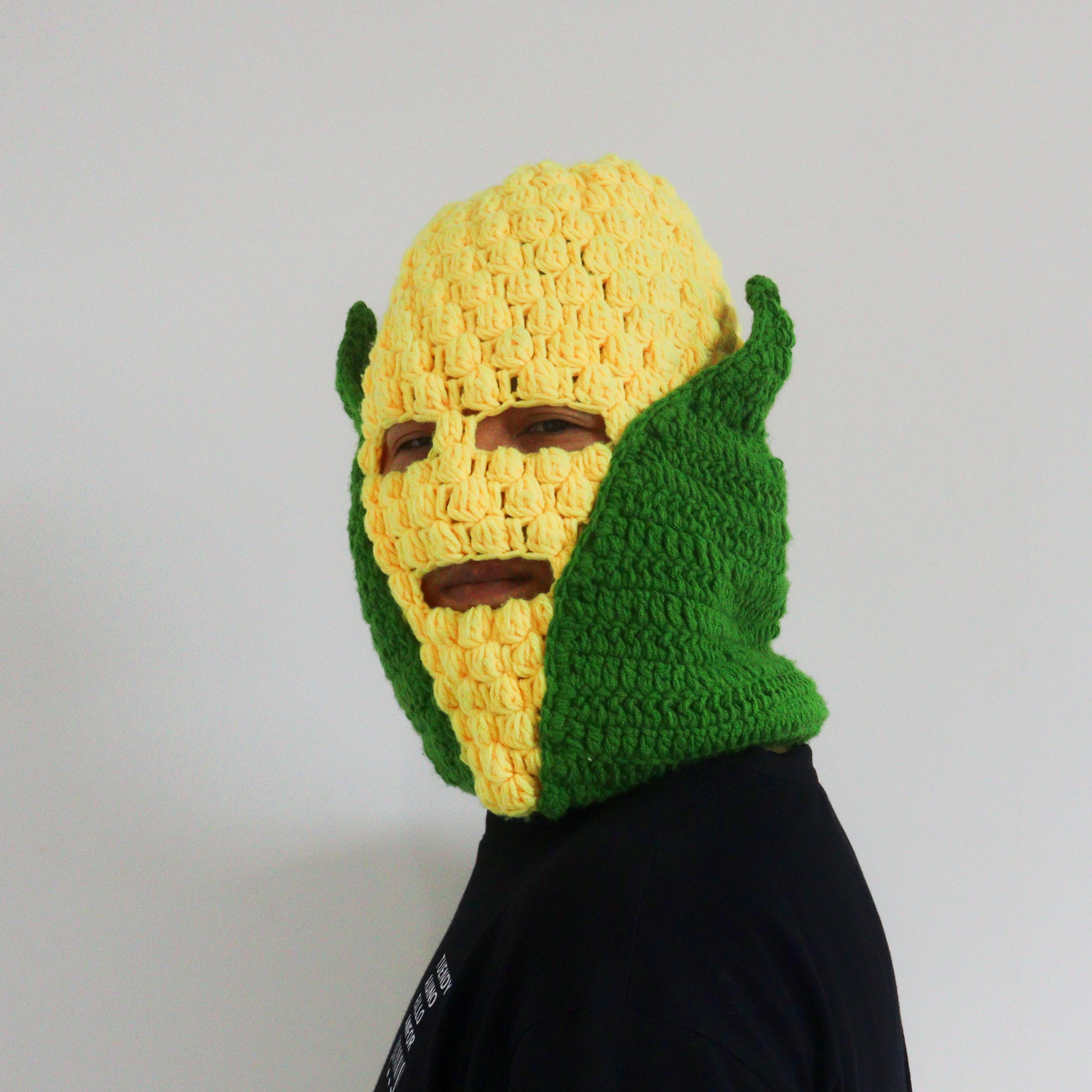 Handmade Crochet Corn Balaclava with Leaves, Funny Vegetable Ski Mask for Winter, Novelty Yellow Full Face Beanie, Y2K Silly Food Meme Hat, Viral Unique Gift for Men & Women