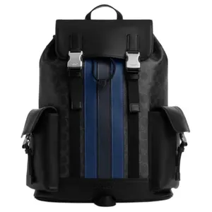 COACH Men's Large Backpack with Drawstring and Buckle Closure in Mixed Black Leather and Fabric