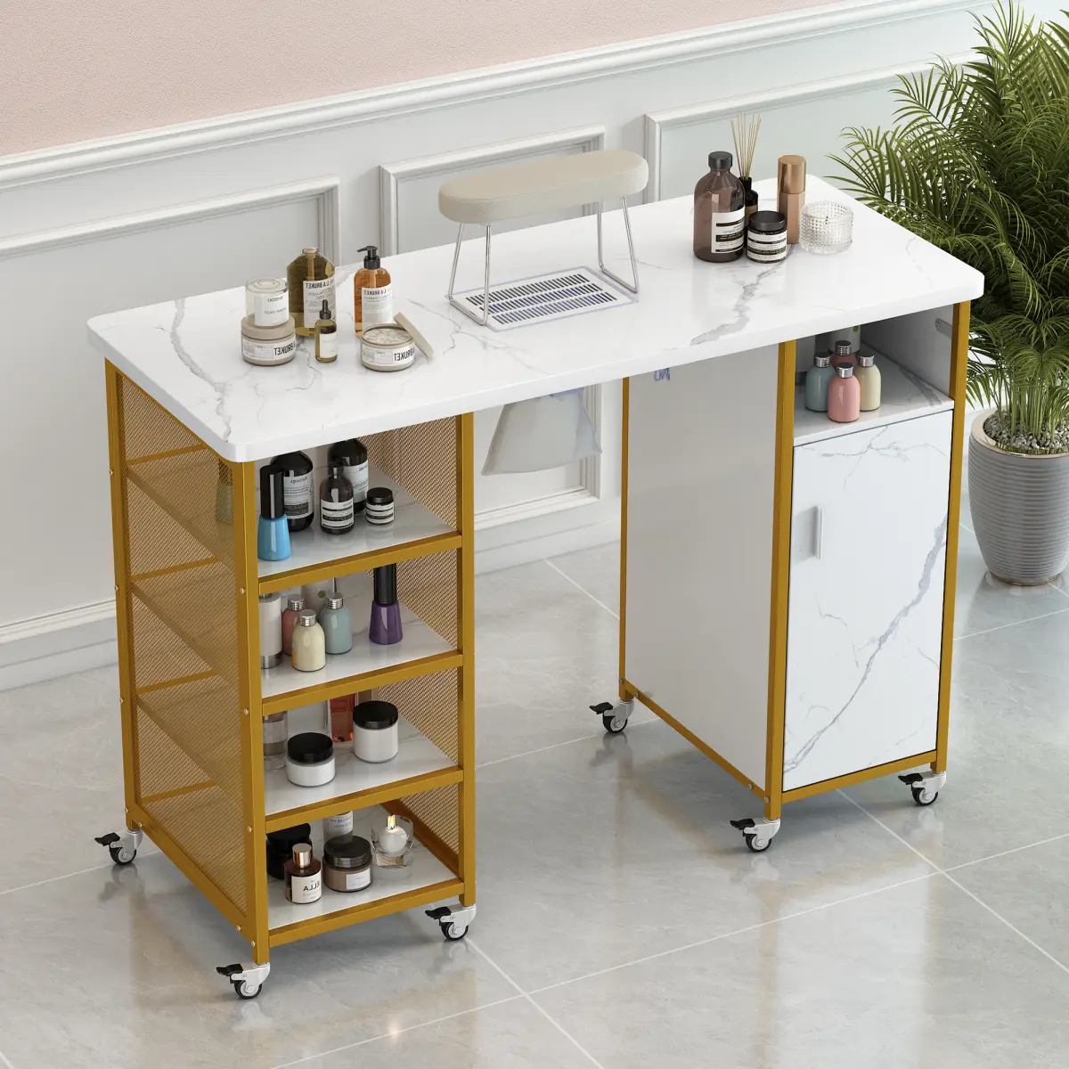 ROXGOX Durable White Marbling Wood Foldable Waterproof Commercial Manicure Table - Metal Nail Desk Workstation, Iron Frame, 43"l x 18"w, Electric Downdraft Vent, Wrist Cushion, Lockable Wheels, 4 Open Shelves, Cabinet WL, Assembly Required, Manicure Salon