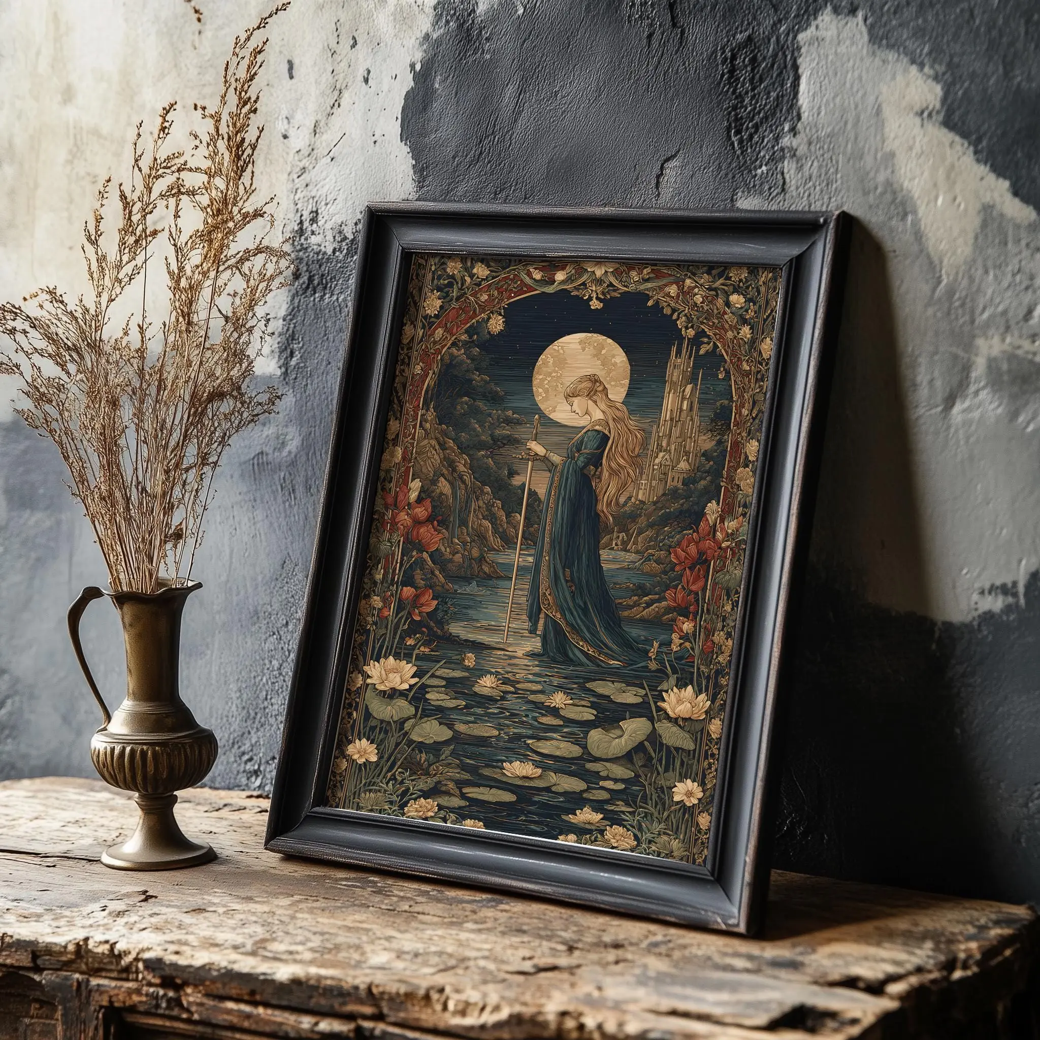 [UNFRAMED] Lady of the Lake Wall Art: Medieval Tapestry Poster, Fantasy Fairy Tale Print