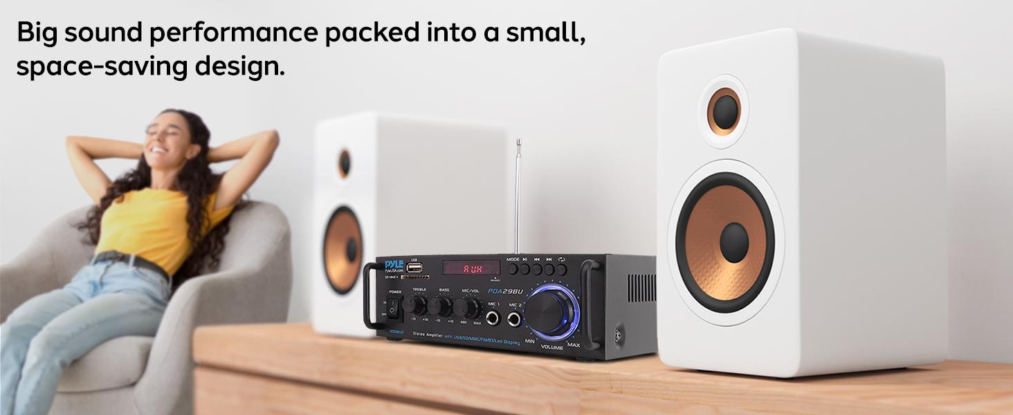 Stereo Power Amplifier - Compact Mini Bluetooth Receiver with USB/SD/FM Playback, RCA Audio Input, Push-Type Speaker Terminals, Front Panel Rotary Controls, LED Display, Treble/Bass/Volume Adjustment - Remote Control Included