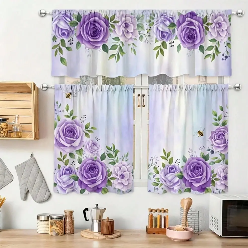 3 pieces - Purple Rose Bee Watercolor Floral Print Kitchen Curtains, suitable for living room, closet, bedroom, study, dining room, and home decoration, Home Decorative Curtain