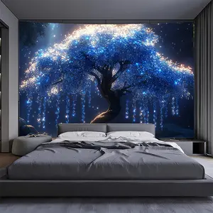 1pc Extra Large Diamond Life Tree Tapestry - Premium Polyester Fabric, Shiny Blue and Golden Accents, Suitable for Living Room, Bedroom, Office, Party Decoration, Bedroom Wall Art |       Stylish Interior Background |       Soft Texture Material